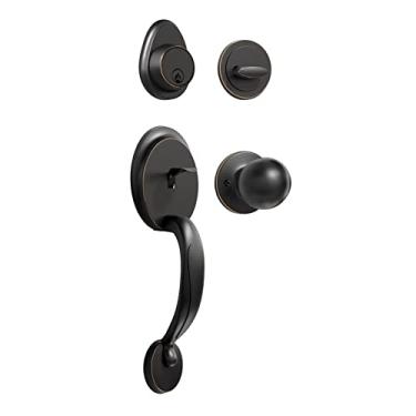 Imagem de KIAYACI Conjunto de fechadura de porta frontal, conjunto de maçanetas com fechadura de bronze polido a óleo, conjunto de fechadura externa com fechadura para portas e maçanetas antigas