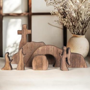 Imagem de Lyxaof Cena de Páscoa de túmulo vazio, conjunto de túmulo de madeira feito à mão para presépio de Jesus e decorações de Páscoa cruzadas para escritório em casa (7 peças)