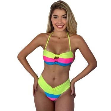 Imagem de Biquíni Top Faixa Tricolor Com Bojo Calcinha Cós Duplo Neon  - MF FASH