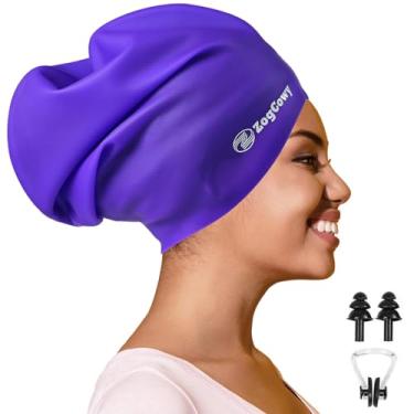 Imagem de Touca de natação feminina extra grande para tranças e dreadlocks, touca de natação de silicone para manter o cabelo seco para extensões de cabelo longo, touca de banho à prova d'água, 1 pacote