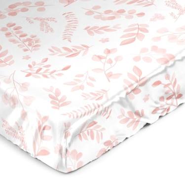 Imagem de Sweet Jojo Designs Lençol de cetim rosa e branco com folhas florais para bebês recém-nascidos, lençol padrão, boêmio, boêmio, aquarela, botânico, jardim florestal