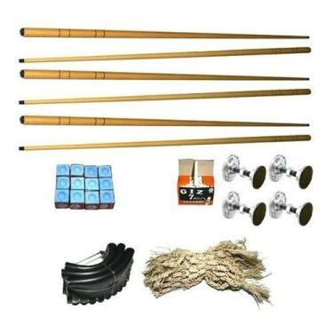 Imagem de Kit 6 Taco 1,30m Giz Azul E Branco Pés Caçapas Sinuca Bilhar - Tacolan