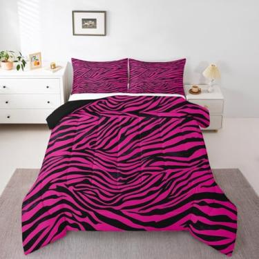 Imagem de Feelyou Conjunto de cama de zebra, solteiro, estampa animal, para crianças, meninos, meninas, rosa choque, microfibra, arte abstrata, conjunto de edredom com listras