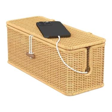 Imagem de Caixa Organizadora de Cabos,Organizador de Cabos em Rattan Artificial Trançado - Cesto De Armazenamento Com Tampa E Fecho Para Computador, Router E Hub USB