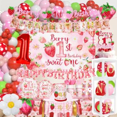 Imagem de Wenioerz Decorações De Primeiro Aniversário Morango Para Meninas Berry Sweet One Decoração Suprimentos Festa Incluem Banner Com Foto Cadeira Alta Coroa Balão Caixas Cenário Conjunto Talheres
