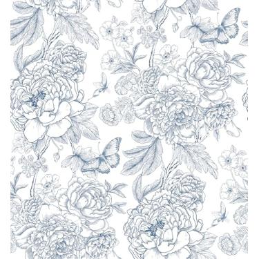 Imagem de Safiyya Papel de parede floral de papel de parede floral azul e branco papel de parede boho para quarto papel de parede peônia para banheiro papel de parede autoadesivo removível 43 cm × 197 cm