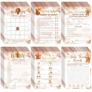Imagem de Sherr 320 peças de jogos de chá de bebê urso marrom inclui 6 jogos cada 50 folhas com 20 lápis inclui descrições de bebê e desejos jogo Guess Who Baby Shower Bingo Word Search