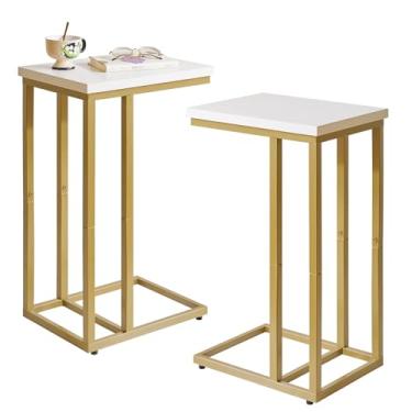 Imagem de Aibiju Conjunto de 2 mesas laterais pequenas para laptop, mesa de canto para sofá, mesa de sofá com moldura de metal para sala de estar, quarto, varanda, moldura de metal branco e dourado, YD-TM051WG