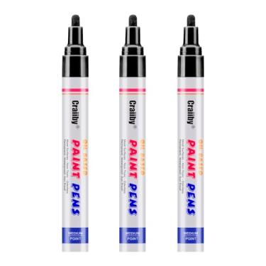 Imagem de Marcadores de tinta preta, pacote com 3 canetas permanentes à base de óleo, à prova d'água, secagem rápida, para pintura de pedras, madeira, tecido, plástico, tela, vidro, canecas, metal, pneu, pedra