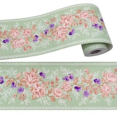 Imagem de Yifasy Borda de papel de parede floral autoadesivo de azulejos de PVC rolo de adesivo removível banheiro cozinha decoração de parede peônia rosa