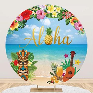 Imagem de Yeele Fundo redondo Aloha de 1,8 m x 1,8 m Flores tropicais Havaianas Praia Fotografia Fundo Tiki Decorações de aniversário Musical Festa Banner Artigos para chá de bebê Mesa para bolo Foto Estúdio Adereços