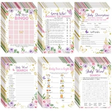 Imagem de Sherr 320 peças de jogos de chá de bebê de borboleta roxa, inclui 6 jogos, cada 50 folhas com 20 lápis, inclui descrições de bebê e desejos jogo Guess Who Baby Shower Bingo Word Search
