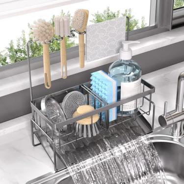 Imagem de NET MEYA Suporte de esponja para pia de cozinha, suporte de pia de aço inoxidável com suporte de escova de louça, organizador de pia de cozinha, suporte de pia de bancada, suporte de detergente para