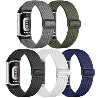 Imagem de Pacote com 5 pulseiras esportivas de nylon compatíveis com Fitbit Charge 5/Charge 6, masculinas e femininas, tecido confortável à prova d'água para Fitbit Charge 5/Charge 6 Advanced Fitness Tracker