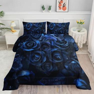 Imagem de Smell Sunshine Conjunto de edredom floral rosa azul com estampa 3D com 1 edredom e 2 fronhas para quarto de meninos e meninas, todas as estações (Rose Queen