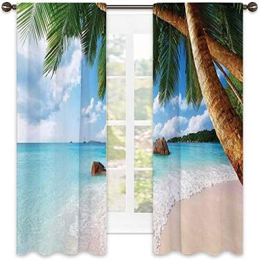 Imagem de Cortina blackout de praia, palmeiras verdes, água azul clara, areia, exótica, litoral, rochas e colinas à distância, cortinas blackout com absorção de som para sala de jantar/decoração de festa, L 132