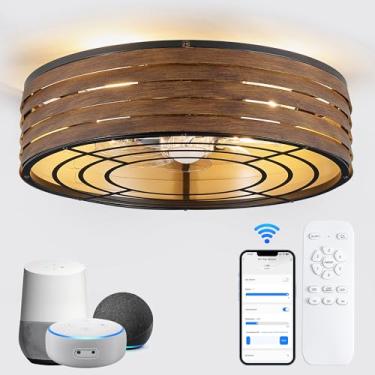 Imagem de Linher Ventilador De Teto Inteligente Embutido De 20'' Com Luz Regulável E Controle Remoto De Memória App/Alexa, Motor Reversível, Perfeito Para Quarto, Cozinha, Gaiola De Design De Madeira De Nogue