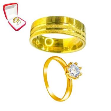 Imagem de Aliança Casamento Banhada Ouro 18k 6mm Friso Brilhos + Solitario Doura