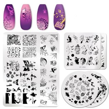 Imagem de 6 peças de placas de estampagem de unhas de Halloween outono folha de bordo kit de carimbo de unha fantasma morcego crânio teia de aranha design decorações de unhas suprimentos com 1 carimbo 1 raspador