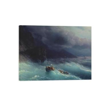 Imagem de Ivan Aivazovsky Impressão de arte de parede em tela - Imagem de arte em tela com moldura de madeira - Pôster de reprodução de pintura famosa para decoração de casa - Tempestade no Mar Negro 50 x 65 cm