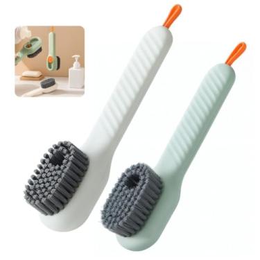 Imagem de Kit 2 Escovas de Limpeza com Dispenser de Detergente – Lava-Louças Multiuso com Reservatório Recarregável – Ideal para Louça, Pia, Cozinha, Banheiro e Mais – Cerdas Resistentes – Design Ergonômico