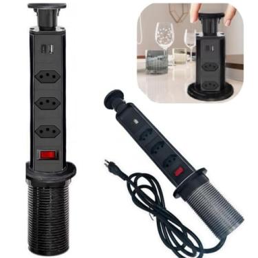 Imagem de Torre De Tomadas Multiplug com 3 tomadas Usb + Usb C de Embutir Mesa Bancada escritorio (PRETA)