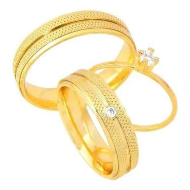 Imagem de Par De Alianças Banhada Ouro 18k 5mm Recartilhada Solitário - Shopping