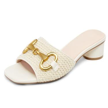 Imagem de Coutgo Sandálias femininas deslizantes quadradas, bico aberto, sem cadarço, confortável, salto baixo, corrente de metal, sapatos elegantes, Branco creme, 40