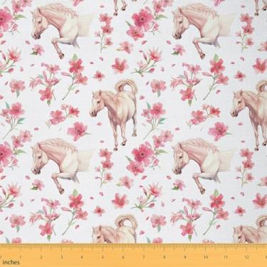 Imagem de Feelyou Tecido de cavalo da The Yard 2 jardas para crianças, decoração de animais fofos, tecido de estofamento para cadeiras para meninos, adolescentes, rosa, floral, flor, impermeável, tecido para
