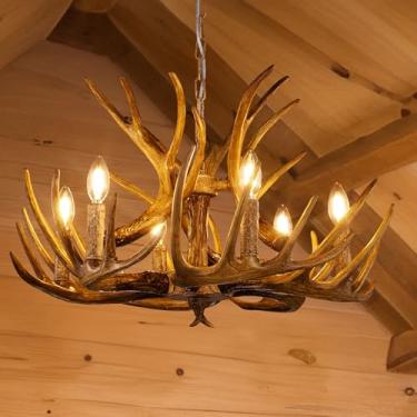 Imagem de Wellmet Lustre de chifre 6 luzes, fazenda rural grande resina, chifre de veado, luminárias de teto suspensas para sala de estar, bar, cozinha, sala de jantar