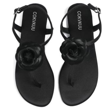 Imagem de COKVKUU Sandálias femininas de cetim preto floral com alça em T, sola de espinha de peixe, sandálias de cetim modernas e confortáveis para compras na praia, Preto, 35
