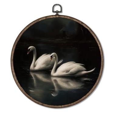 Imagem de Giosve Pôster emoldurado vintage Moody elegante cisne redondo em tela emoldurada, gótico Dark Academia Cottagecore romântico cisne pendurado esculturas de parede para decoração de casa, quarto, sala