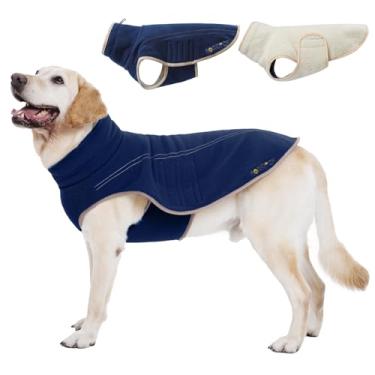 Imagem de ROZKITCH Colete de lã reversível para cães com furo de arnês suéter de lã sherpa superquente com bordado, moletom de pelúcia dupla face ajustável para raças gigantes azul escuro 5GG