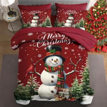 Imagem de WeCozy Conjunto de edredom de Natal King Size com 2 fronhas e 2 fronhas, boneco de neve fofo vermelho escuro para crianças e adultos, cama de pinheiro verde em uma bolsa com lençol de cima