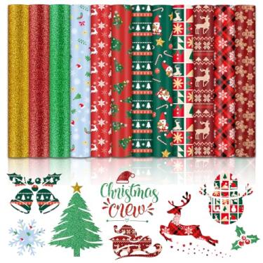 Imagem de HTVRONT Vinil de transferência de calor HTV de Natal - Pacote com 13 folhas de vinil estampadas, xadrez búfalo e glitter HTV vinil para camisetas, compatível com Cricut & Silhouette para presente de