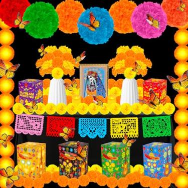 Imagem de Kit de decoração de 105 peças do Dia dos Mortos, 9 faixas mexicanas, 2 guirlandas de calêndula, 50 flores de calêndula com haste, 12 pompons de papel, 24 borboletas para decoração de altar indiano