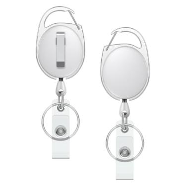 Imagem de Uniclife Pacote com 2 chaveiros retráteis, carretel de crachá, clipe resistente para chaves e cartão de identificação, extensor de chaveiro com clipe de cinto mosquetão e chaveiro, branco