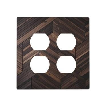 Imagem de WUYOCHA Capas decorativas para tomada moderna marrom espinha de peixe geométrico madeira placa de parede 2 gangues duplo interruptor de luz dupla capa placa de interruptor placa frontal para quarto