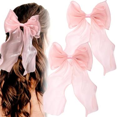 Imagem de Hzopcw 2 presilhas grandes de laço de fio de seda para mulheres, clipes de laço de cauda longa francesa, acessórios de laço de cabelo grande para decoração de cabelo curto longo fino e cacheado - rosa