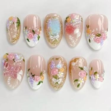Imagem de Unhas postiças curtas médias amêndoas francesas com design requintado de flores pérolas cobertura completa cola em bastão falso artificial em unhas de acrílico para mulheres uso diário, 24 peças