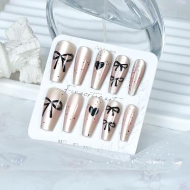 Imagem de Unhas de pressão instantâneas em forma de caixão longo rosa claro laço unhas de gel de grau de salão reutilizável sem necessidade de cola 30 peças