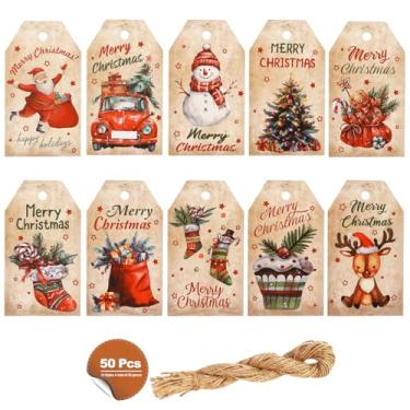 Imagem de Etiquetas de barbante Merry Christmas, etiquetas de presente de Natal, decorações de chiristmas com cordão anexado, presente de papel em branco com corda para festa, festival, 50 peças, 10 estilos com