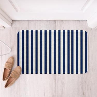 Imagem de Feelyou Tapetes de banheiro listrados azuis marinhos brancos tapetes de banho listrados básicos simples acessórios de banheiro capachos geométricos 40,6 cm x 61 cm microfibra macia