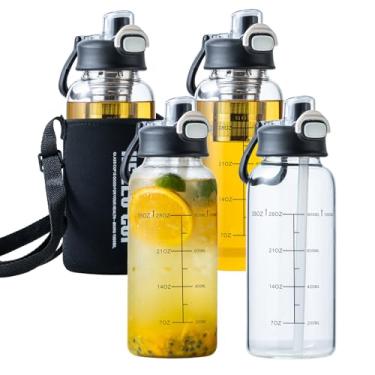 Imagem de Garrafas de água de vidro de 1000 ml com marcador de tempo e canudo, garrafa de água de vidro com manga protetora, coador de chá de aço inoxidável, tampa à prova de vazamento, garrafa de água grande