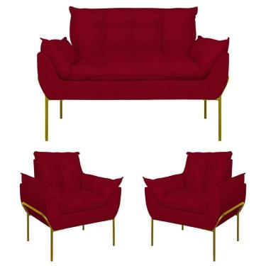 Imagem de Kit 02 Poltronas + Namoradeira Reforçada Opala Metal Dourado Vermelho