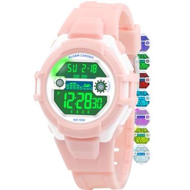 Imagem de Juboos Relógio digital infantil para meninos e meninas de 5 a 18 anos, 7 cores com luz LED para esportes ao ar livre, relógio de pulso impermeável de 5 ATM com alarme, cronômetro, Rosa claro, Relógio