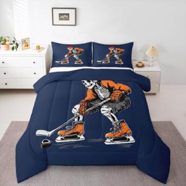 Imagem de Erosebridal Conjunto de edredom de hóquei no gelo, retrô, esqueleto gótico, solteiro, bola azul, jogos competitivos, para adolescentes e homens, com estampa de evento de esportes de inverno, para