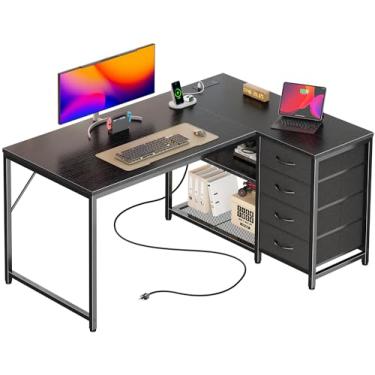 Imagem de PRAISUN Mesa de 110 cm em forma de L com tomadas elétricas e porta USB-C, mesa de escritório reversível de canto de computador com 4 gavetas de tecido e 2 prateleiras ajustáveis em altura, pequena