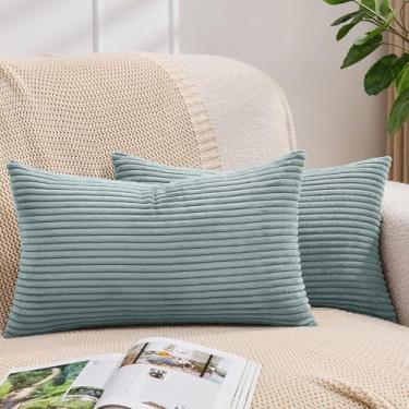 Imagem de Yosodeko Capas de almofada lombar cinza azul 30 x 61 cm, pacote com 2, capas de almofada de veludo cotelê macio com textura listrada sólida, decoração de casa moderna minimalista para sofá, sofá e