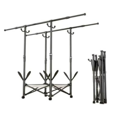 Imagem de Hhsdyl Vareta de Roupeiro de Chão a Teto, Vareta de Roupa Ajustável em Comprimento, Organizador de Roupeiro com 1 ou 2 Varões para Uso Interior e Exterior,Black,Double D